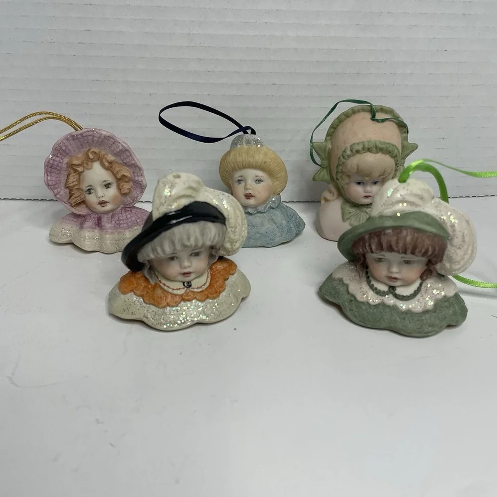 Victorian Bonnet Head Doll Christmas Ornament Porcelain Lot Of 5 Vintage Painted